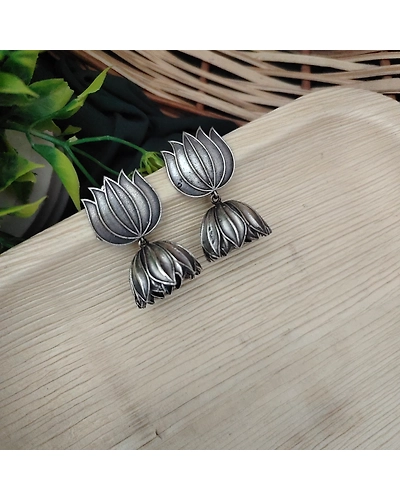 PADMA Silver Replica Lotus Jhumka Earrings-1
