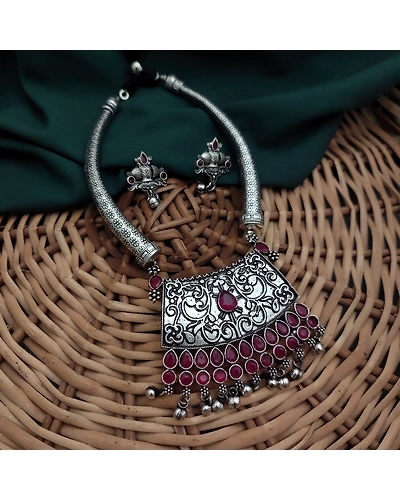 SHIPRA Oxidised Hasli Necklace Earrings Set-12669927