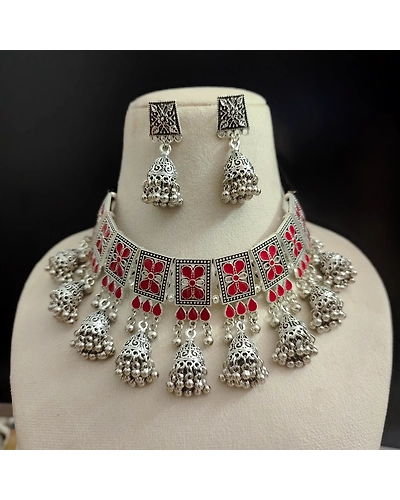 NIHARIKA Meenakari Jhumki Choker Jewellery Set-12669925