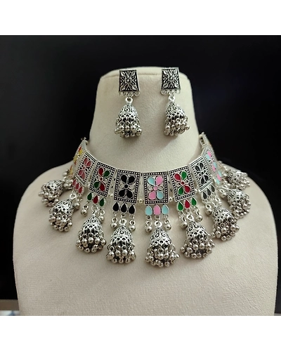 NIHARIKA Meenakari Jhumki Choker Jewellery Set-4
