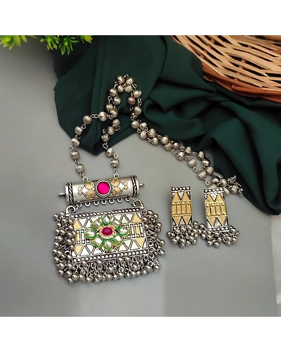 FIDA Long Two Tone one Fusion Necklace Earrings Set-1