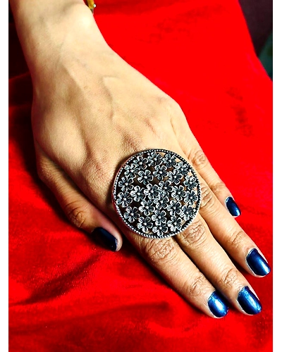 Big Size Silver Plated Adjustable Flower Ring-2