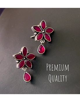 Semi Precious Stone Pink Flower Stud Earrings