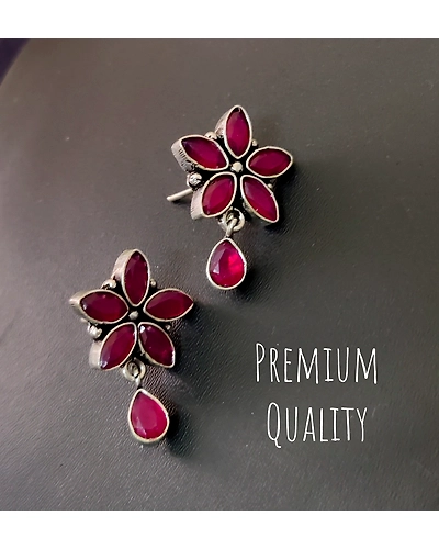 Semi Precious Stone Pink Flower Stud Earrings-1