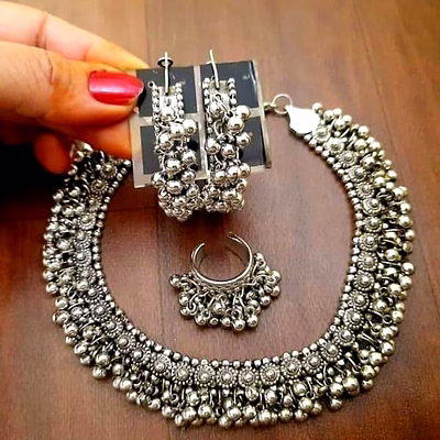 gonasika oxidised ghungroo necklace earrings n ring combo set