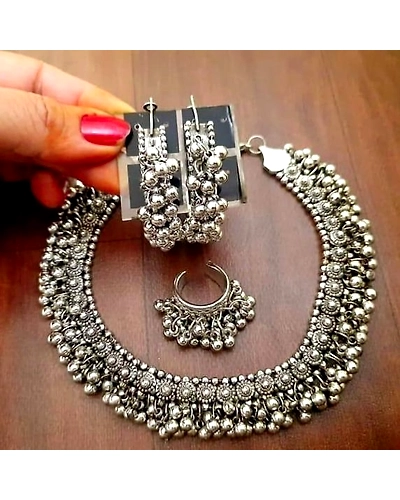 Oxidised Ghungroo Necklace Earrings n ring Combo set-2