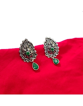 Oxidised Cute Lightweight antique finish Green stone earrings