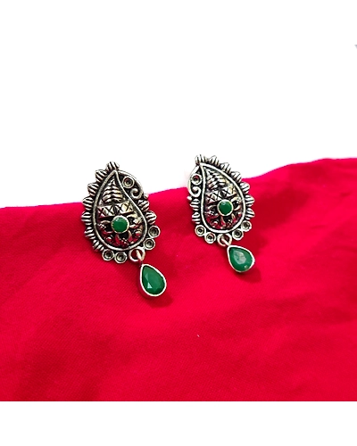 Oxidised Cute Lightweight antique finish Green stone earrings-12669963