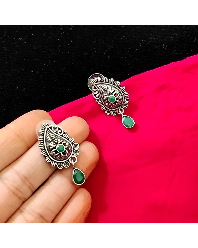 Oxidised Cute Lightweight antique finish Green stone earrings-1