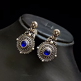 gonasika oxidised antique polish blue stone german silver earrings