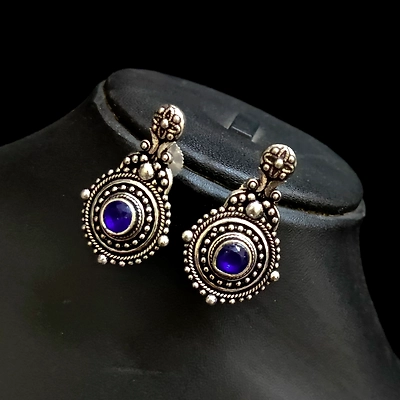 Gonasika Oxidised Antique Polish Blue Stone German Silver Earrings