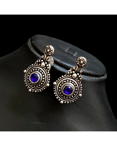 Oxidised Antique Polish Blue Stone German Silver Earrings-12669961