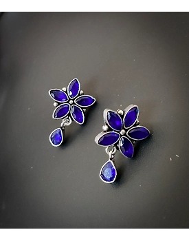 Semi Precious Stone Blue Flower Stud Earrings