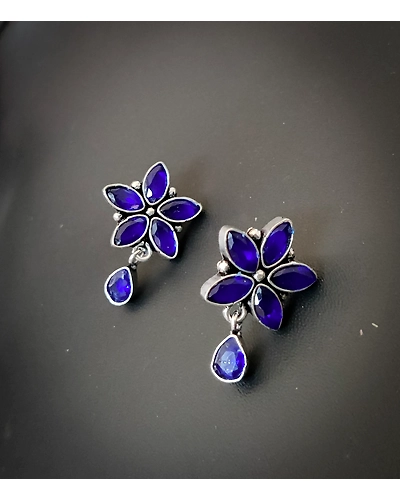 Semi Precious Stone Blue Flower Stud Earrings-1