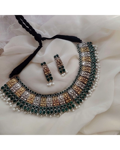SANDHYA Two Tone Choker Necklace Earrings Set-12669997
