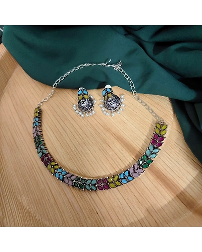 NAVYA Stone Choker Necklace Earrings Set-12669979