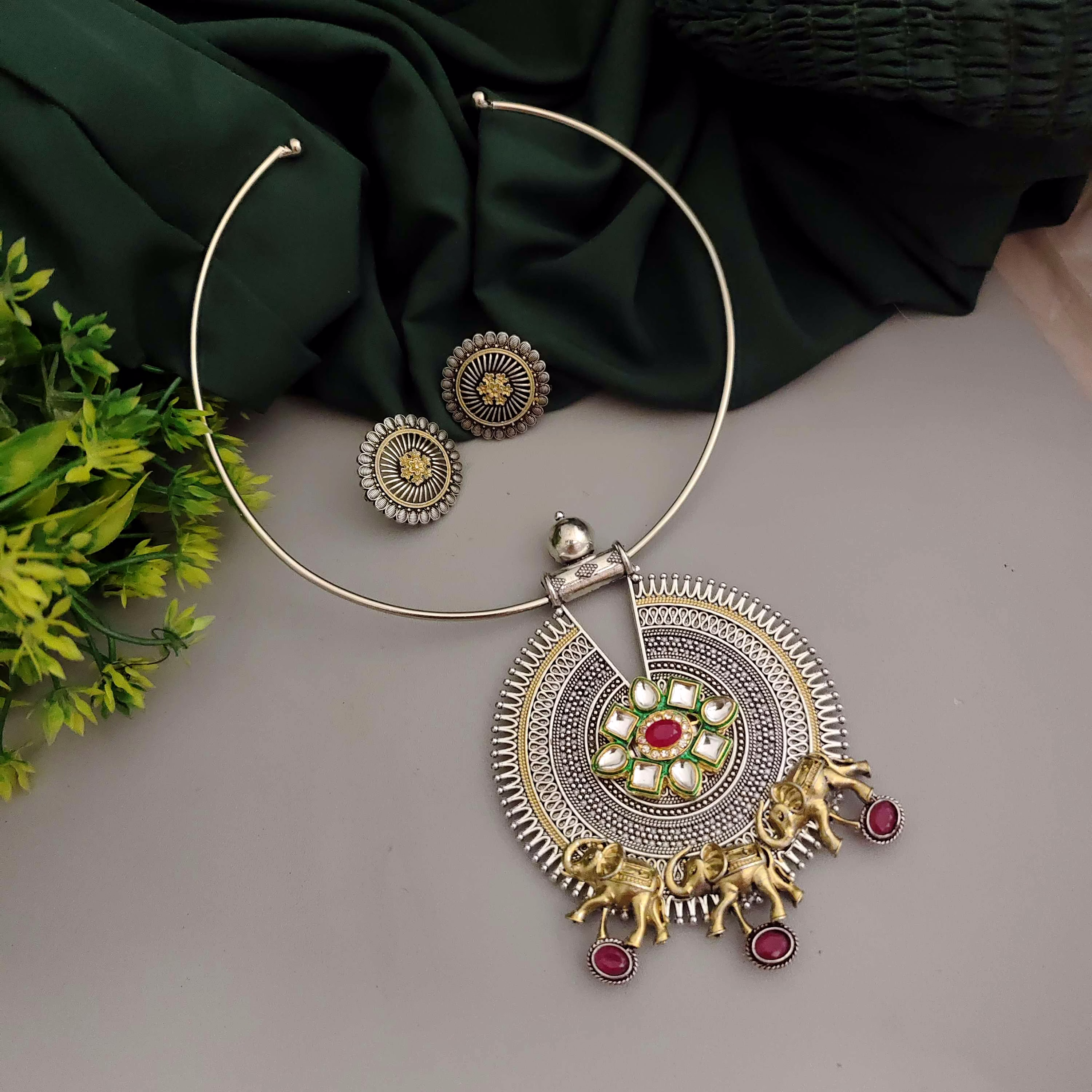 gonasika aashvi oxidised two tone hasli necklace earrings set