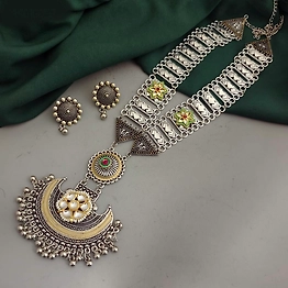 Gonasika Kanishka Oxidised Long Fusion Necklace Earrings Set
