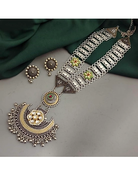 Kanishka Oxidised Long Fusion Necklace Earrings Set