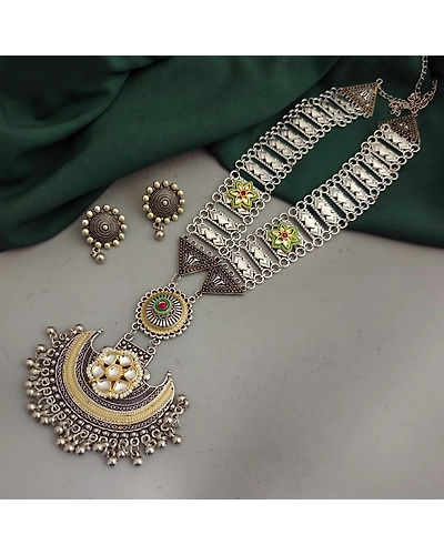 Kanishka Oxidised Long Fusion Necklace Earrings Set-1