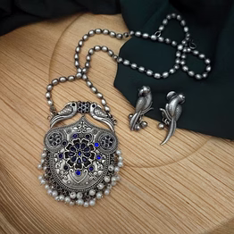gonasika yashsvi silver replica brass necklace earrings set-blue