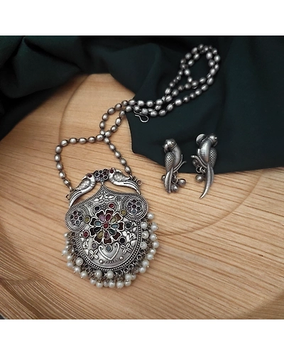 Yashsvi Silver Replica Brass Necklace Earrings Set-Multi-12670037