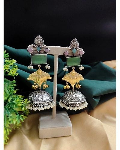 SHANAYA Silver Replica Two tone Jhumka Earrings-3