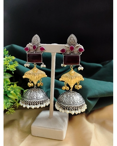 SHANAYA Silver Replica Two tone Jhumka Earrings-2