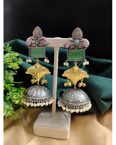 SHANAYA Silver Replica Two tone Jhumka Earrings-4