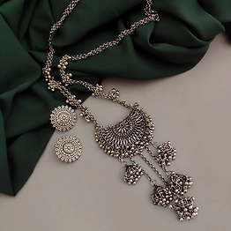 Gonasika Noor Oxidised Long Chain Necklace Earrings Set