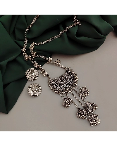 Noor Oxidised Long Chain Necklace Earrings Set-2