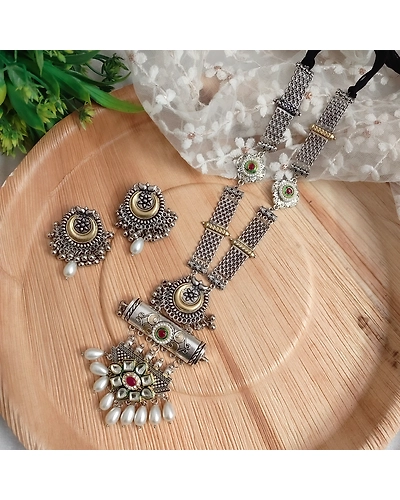 SARMAYA Oxidised long Fusion Necklace Earrings Set-12670375