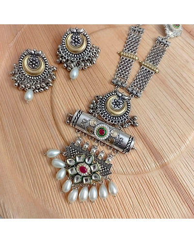 SARMAYA Oxidised long Fusion Necklace Earrings Set-1