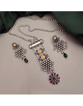 Aarohi Oxidised Two Tone Long Chain necklace Set