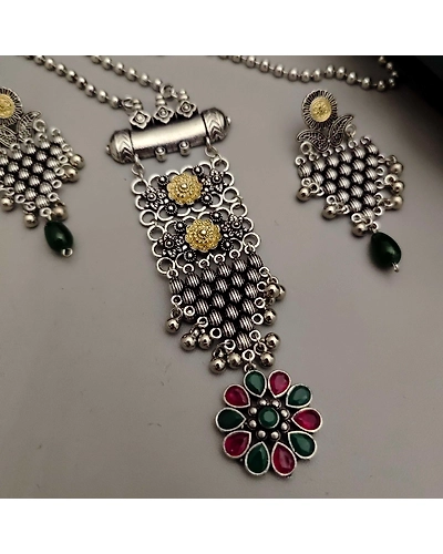 Aarohi Oxidised Two Tone Long Chain necklace Set-1