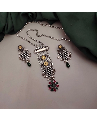 Aarohi Oxidised Two Tone Long Chain necklace Set-2