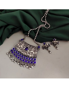 Oxidised Blue Stone Chain Necklace Earrings Set