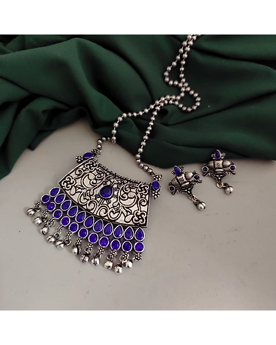 Oxidised Blue Stone Chain Necklace Earrings Set-2