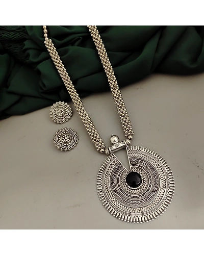 Oxidised Long Ghungroo Necklace Earrings Set-12670519