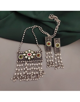 Oxidised Fusion Long Chain Necklace Earrings Set
