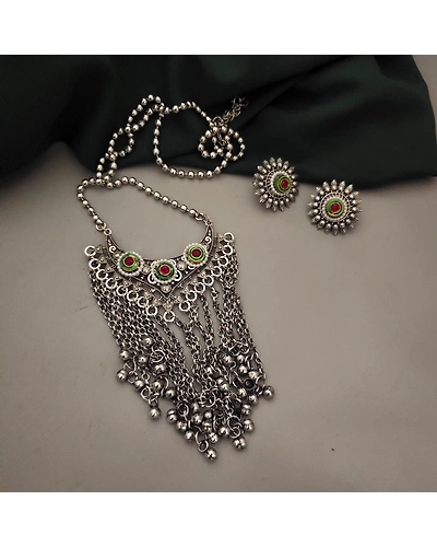 Oxidised Fusion Long Chain Necklace Earrings Set-2