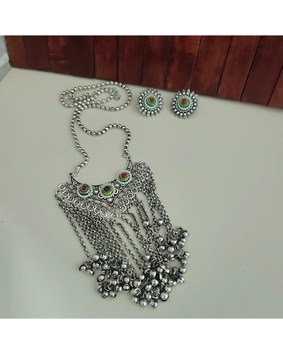 Oxidised Fusion Long Chain Necklace Earrings Set-3