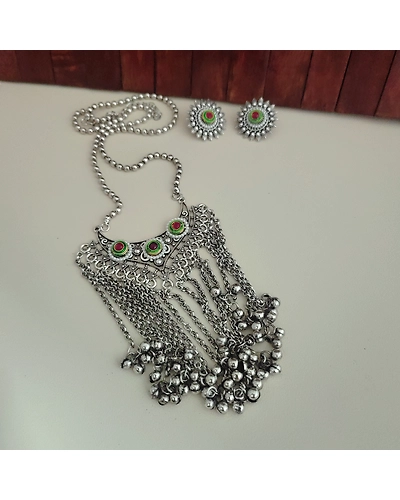 Oxidised Fusion Long Chain Necklace Earrings Set-4