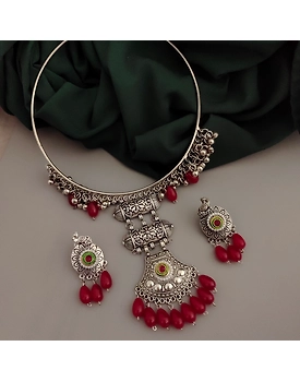 Oxidised Glass Beads Hasli Necklace Earrings Set