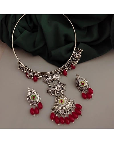 Oxidised Glass Beads Hasli Necklace Earrings Set-12670513