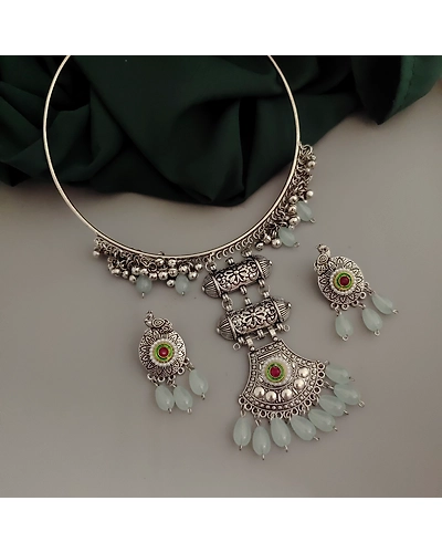 Oxidised Glass Beads Hasli Necklace Earrings Set-1