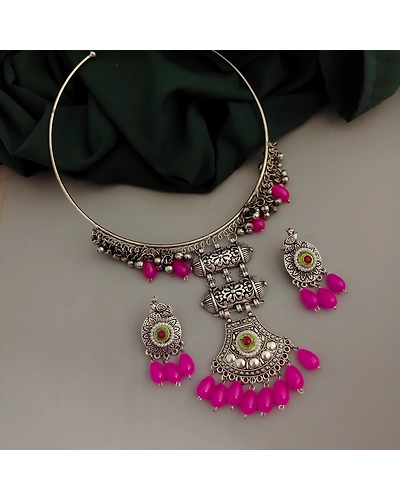 Oxidised Glass Beads Hasli Necklace Earrings Set-2