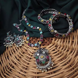 gonasika multicolor necklace earrings set with bangles pair