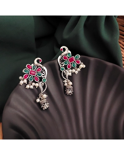 Oxidised Peacock Jhumki Earrings-1