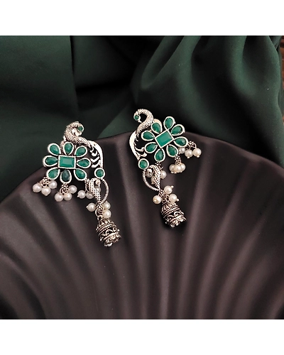 Oxidised Peacock Jhumki Earrings-2